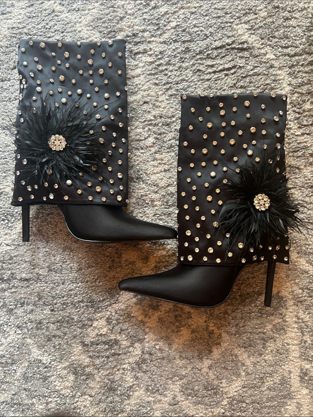 Black Crystal-Stud Feather Ankle Boots